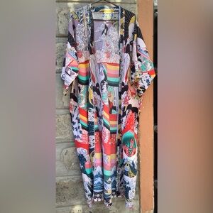 Japanese multicolor print kimono robe OS